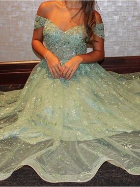 B Darlin Off-Shoulder Mint Sequin Ball Gown